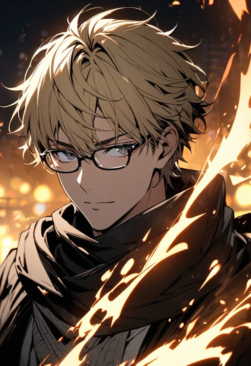 male, solo, handsome, blond hair, beautiful color,  short hair, scarf, glasses, beautiful background, white and black aura, white and black eyes, beautiful eyes