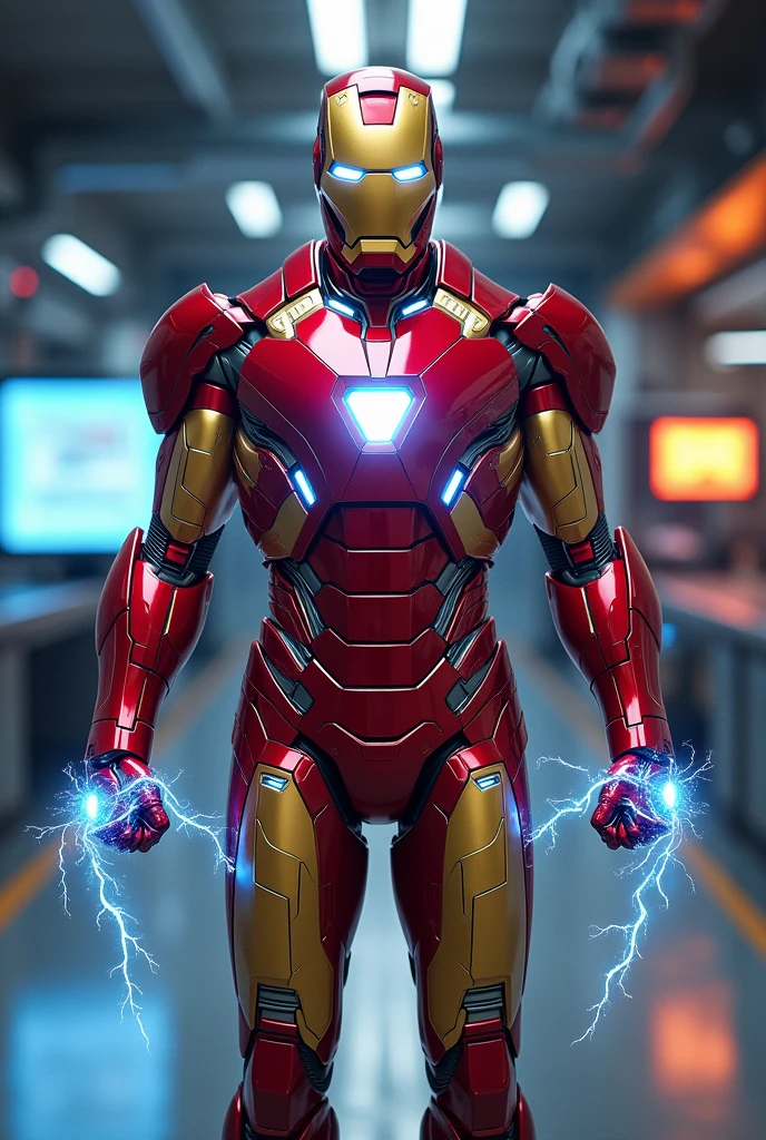 A futuristic, highly advanced Iron Man suit, gleaming in red and gold with intricate detailing. The suit should feature glowing arc reactors on the chest and hands, with bright, blue energy pulsating. The background should be a high-tech lab with holographic displays and advanced technology, reflecting Tony Stark's genius. The suit should have a powerful and dynamic pose, as if ready to take flight, with energy trails forming around the hands and feet