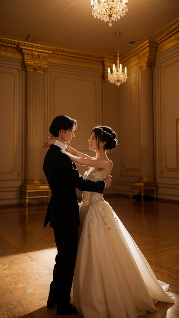 Two gay princes dancing waltz embraced in an empty ballroom in the dark of night with