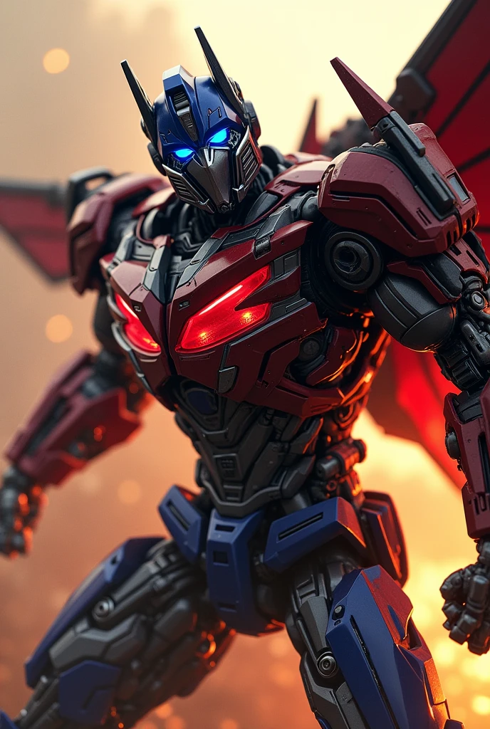Optimus Prime, Jet wing, Spider Man, highly detailed, 8k, photorealistic, cinematic, dramatic lighting, warm color tones, intricate mechanical details, intense action pose, heroic, dramatic composition, dynamic sense of movement, advanced rendering, stunning visual effects