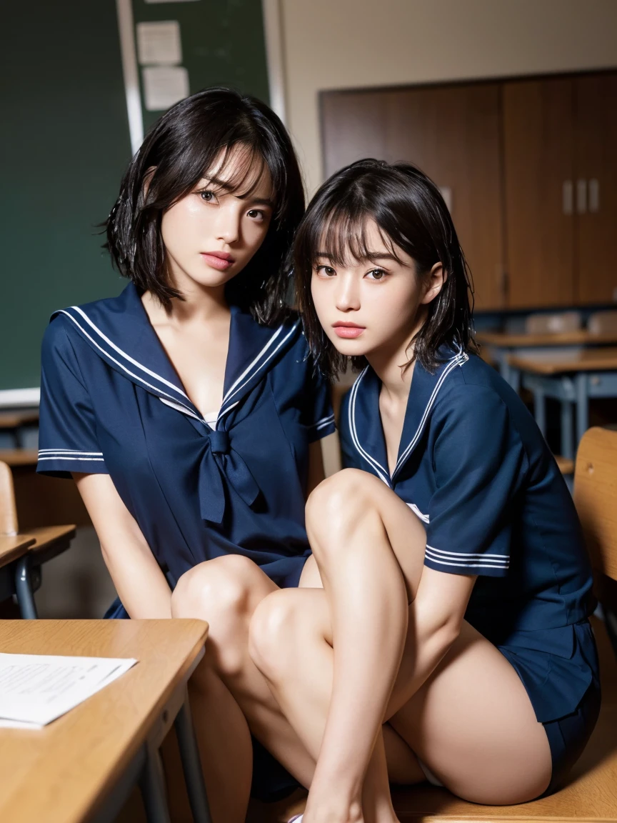 (masterpiece:1.2), Very detailed, Ultra-high resolution, (Realistic, photo Realistic:1.6), High-resolution RAW color photos, Professional photos, Sharp focus:1.2, (Very detailed顔と肌の質感, Very beautiful eyes, Glossのある肌, Glowing Skin, Glowing Skin, Shining Face, Gloss, Oily skin, greasy face, Oily skin, greasy face,),, (real Glossのある肌 texture), Perfect Anatomy, Very detailed背景,(High school classroom at night),1 female,25-year-old woman, Japanese women,height: 168cm,(short hair, Straight hair, bangs, Brown Hair),((Flat Chest:1.6)),(Slim, thin legs), ((((Short Sleeve White Sailor School Uni形状、Navy blue pleated skirt:1.5、A perfectly detailed bra covered by a sailor suit、Perfectly detailed T-panties under skirt))),(sit at a desk with your knees up:1.4)、(((Open clothes、Wet and sheer sailor suit:1.4)))