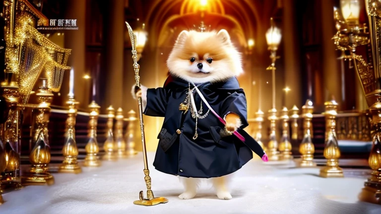 The Savior-like Pomeranian, Stand on two legs, Holding a walking stick, Watching over with kind eyes