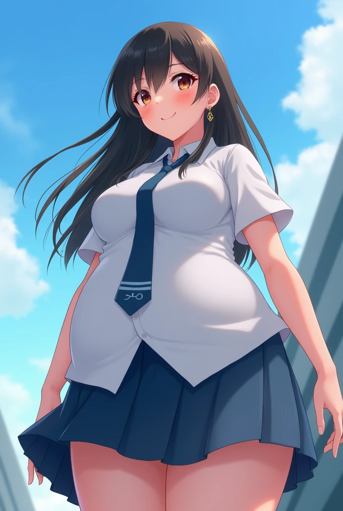 score_9, score8_up, (masterpiece:1.5), uhd:1.3, 16k, RAW photo, highly detailed, intricately detailed, ultra realistic, stunning beautiful girl, (Highest quality, Very detailed, Attention to detail, digital coloring, Best aesthetics), ((1 girl)), Black Hair, Straight Long Hair, Reddish brown eyes, Earrings, Collared shirt, Blue tie, smile, blush, JK, School uniforms, Friendly atmosphere, Beautiful illustrations, (((Low angle shot from below, Spanning the audience))), blue sky, Light, One Girl, Beautiful and well-defined legs and thighs, Highest quality, close, Super fine, huge belly, massive belly, enormous belly, gigantic belly, morbidly big belly, massive belly, big fat belly, obese, morbidly obese, insanely fat