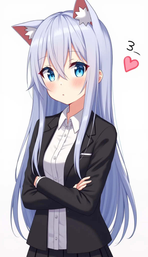 One girl, Animal ears, blue eyes, Long Hair, Blue Hair, Long sleeve, bangs, Cat ear, Focus Only, hair ornaments, Sleeves are longer than the wrist, blush, White Background, collared shirt, Simple Background, shirt, View your viewers, black jacket, One side up, Hair between the eyes, Slope, ;3, Slope background,In heat,Ecstatic expression,beautiful girl, Close your mouth, Heart symbol on background, High School Uniform, skirt,blazer