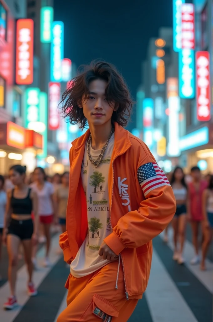 A handsome 19-year-old Japanese male idol dancing to dance music on a street in Shibuya, Tokyo. He is wearing trendy summer fashion. The scene is vibrant and energetic, with the bustling Shibuya crossing in the background. The idol has a charming smile, stylish hair, and is performing energetic dance moves. His outfit includes bright colors and fashionable accessories popular among Japanese youth. The lighting suggests a warm summer evening, with neon signs illuminating the scene.