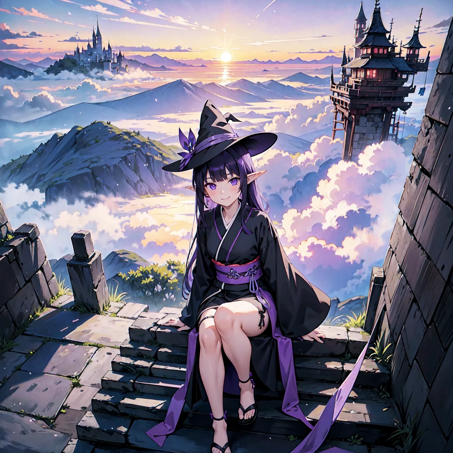 A girl with long violet-purple hair. Pointy elf ears. Her clothes are simple: a black robe with wide sleeves and a black miniskirt. Her knees are showing. The front has a V-shaped white insert like a kimono. A big smile. Gentle face. Background, Bright painting, Makoto Shinkai, floating ruins, floating in the sky, above the clouds, stairs in the sky, illustration, nostalgic, vivid, background only, bright, refreshing, stairs, sunset. Witches' hats with purple ribbons on either side.