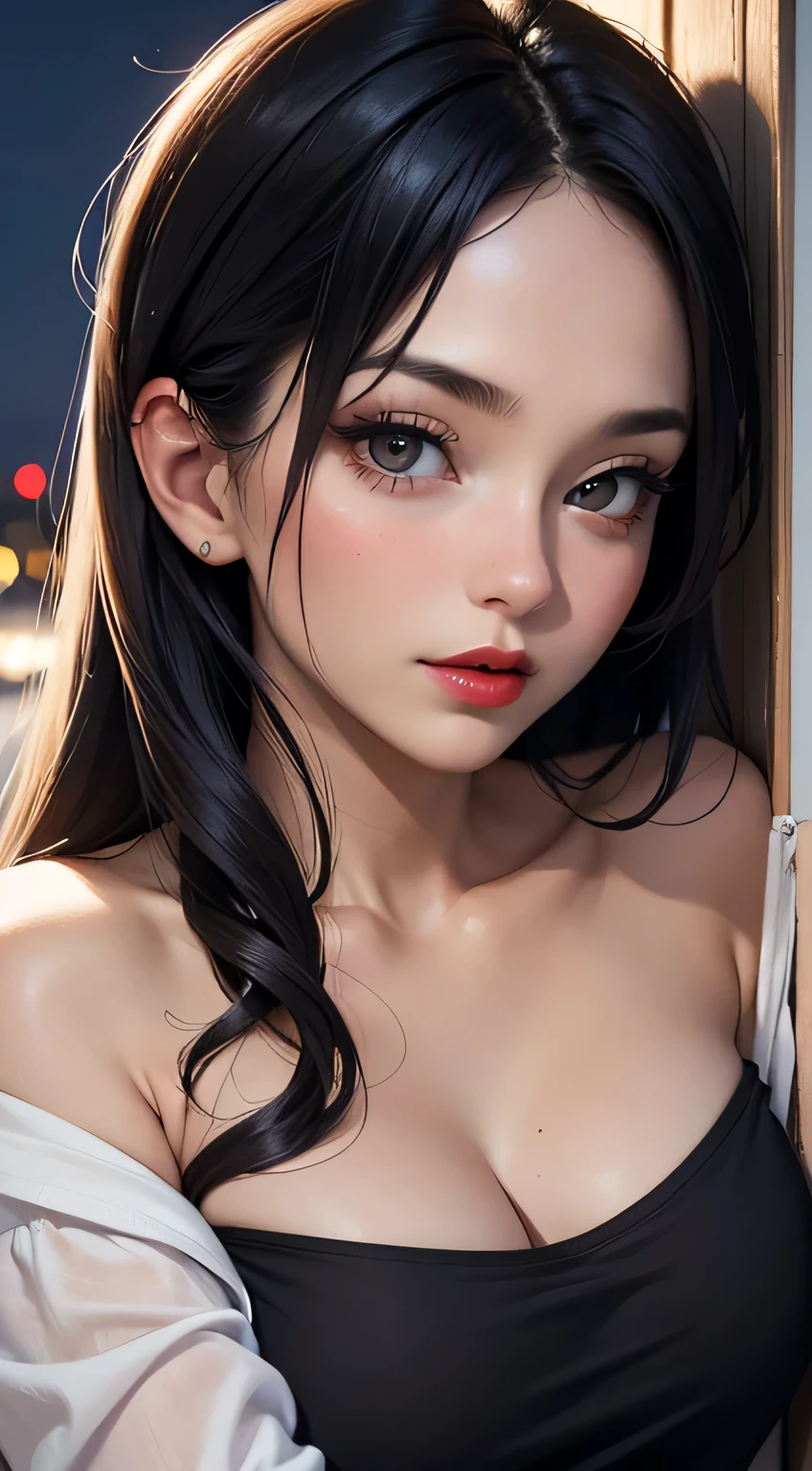 Amazing portrait of a woman who is 30 years old and an adult and a sexy woman wearing an off shoulder oversized t shirt during night time with soft lighting showcasing her red lips and her beautiful face in detail and close up 