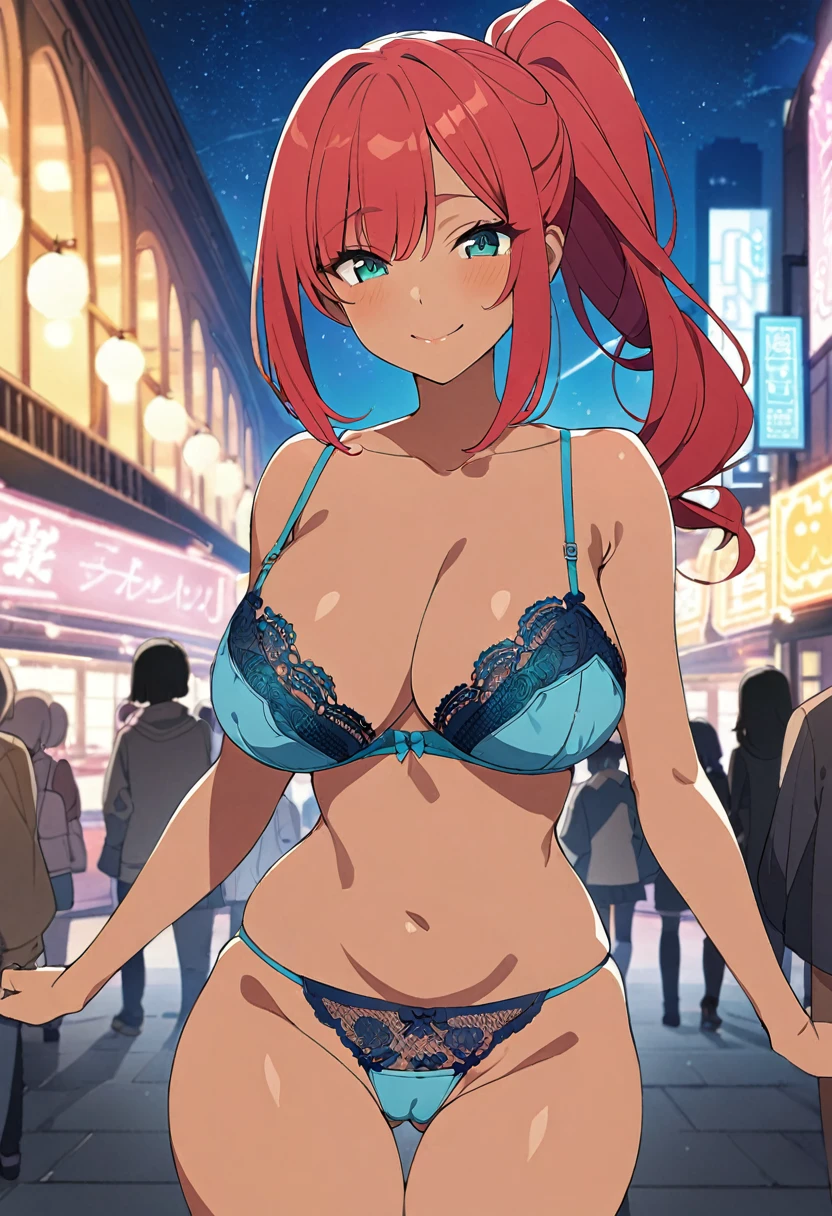 ((masterpiece)), ((best quality)), ((illustration)), ((anime coloring)), ((8k)), nsfw, blue detailed sheer lace bra, blue detailed sheer hipster panties, (big pointy breasts), narrow waist, (public hair:1.5), cute, a anime 20s female, ((dark skin:1.3)), red hair, green tale, ponytail, smile, big chiseled buttocks, pov, ((front view)), night, ((bedroom)),