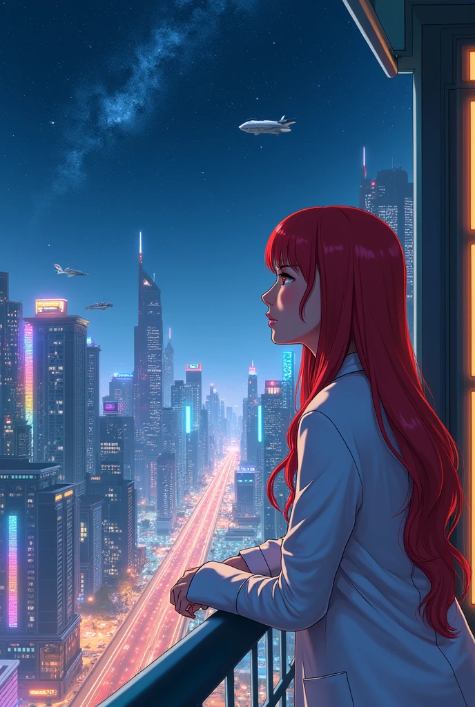 A woman inspired by the character Makima is dressed in a stylish white scientist's coat. Her hair is long and red, with delicate bangs that frame her face. She is on a balcony of a tall hotel, located in the center of a futuristic city. it's night, and the sky is full of bright stars. The city below her is vibrant, with illuminated skyscrapers, colorful neons, and flying vehicles passing by. The atmosphere is futuristic, with a blend of advanced technology and natural beauty. Makima is leaning on the balcony, looking at the horizon with a serious and thoughtful expression, reflecting on something profound. The lighting of the scene is soft, with the light of the stars and the city lights highlighting your face and creating an atmosphere of mystery and contemplation.