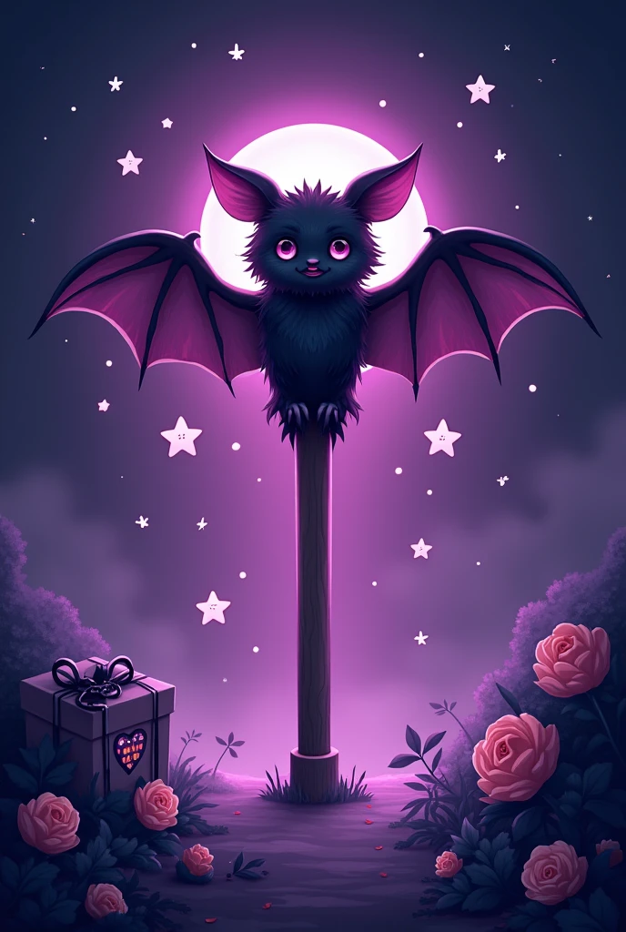 a Lightstick with a bat in the center, with a lilac bottom. lilac and black as main colors. one box of the Lighstick in the left side of the Lighstick. details with stars, sparkles and cute little skulls. non-realistic drawing, better if it is simple. just lilac, black and white are colors allowed