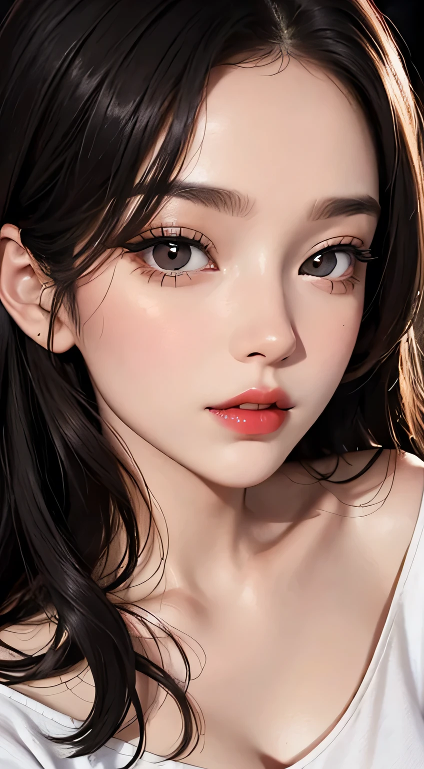 Amazing portrait of a woman who is 30 years old and an adult and a sexy woman wearing an off shoulder oversized t shirt during night time with soft lighting showcasing her red lips and her beautiful face in detail and close up 