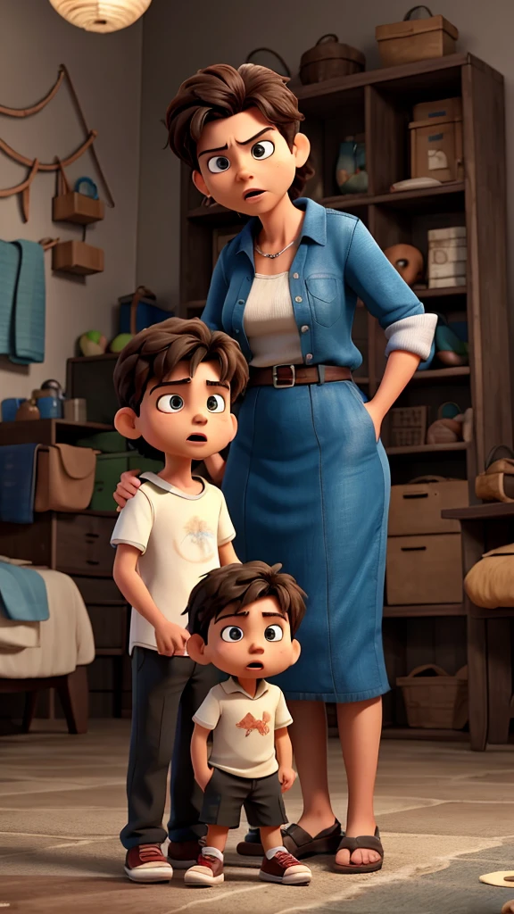 A boy and his mother with an angry expression who are arguing with his mother because he doesn't want to obey his mother's orders, then the boy leaves his mother.