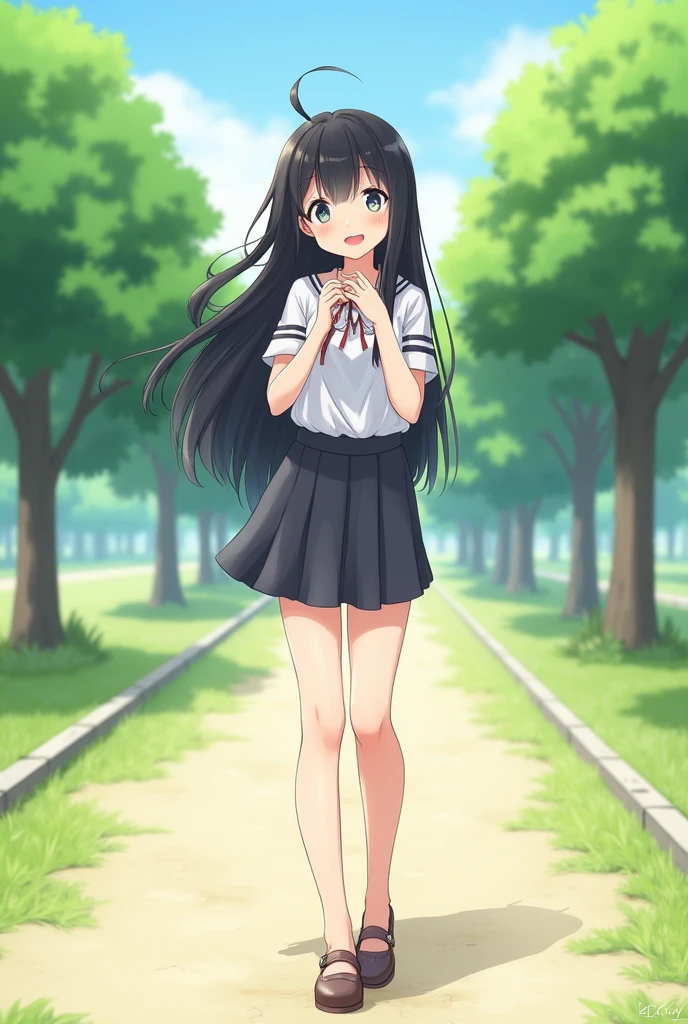Standing in an empty park、Summer clothes、Anime Style、Long black hair、mini skirt、Cute Face、Smiling、Full body portrait