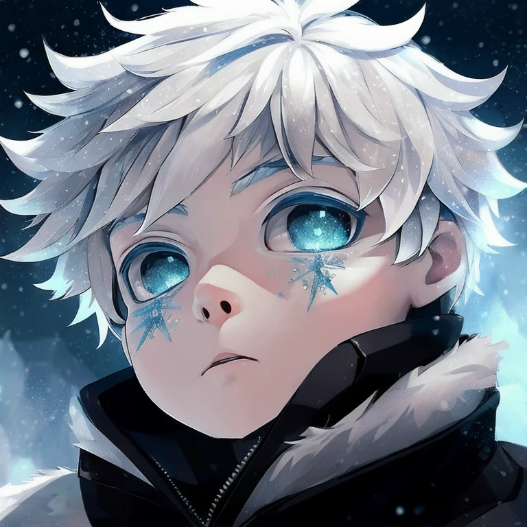 colorful, [[round image]:(Vanishing Frontier, ice, snowflake:1.1):0.4], [(White background:1.1):4], One, cut,[(1 boy, BLUE_eyes, White hair, Short,huge ahoge, [hair between eyes], winter coat, Fur-trimmed collar, fur trimmed coat, long sleeves, gloves, black leggings, slight smile, closed mouth,(beautiful detailed face:1.1), (beautiful detailed eyes:1.14),(night:1.2), Starry sky, snowing, winter, snowflake, Skyscraper, depth of field, ):3],1 boy