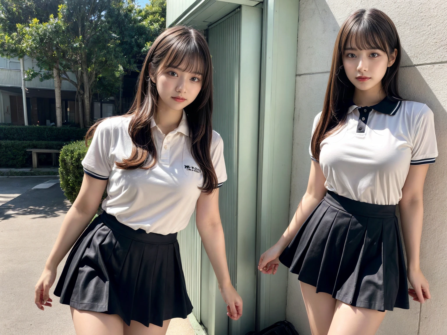 masterpiece, best quality, illustration, Super detailed, fine details, High resolution, 8K,wall paper, perfect dynamic composition,(Details High quality, realistic depiction of eyes:1.3), (2 girls), (Fashionable, with soft pastel colors, black skirt, pernas nu, camisa polo preta, uniform soccer, ambiente urbano), straight hair, large breasts, black hair color, Big Natural Color Lip, (perfect body shape), crying a little、Harajuku style、20 year old girl、cute type、lolita、beautiful legs, hotel room, Gravure Idol