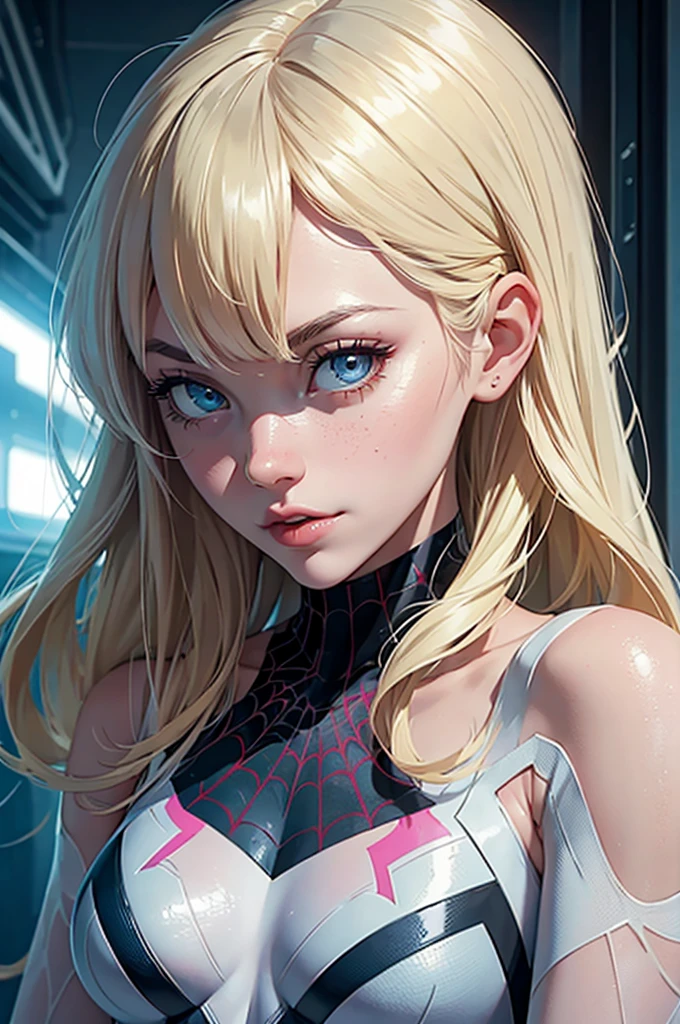 Behind, (masterpiece), Best quality, expressive eyes, perfect face, a high resolution, 1 girl, One, Gwen Stacy, SPIDER GWEN, Spider-Gwen Costume, Body, without masks, blonde hair, standing, portrait, I look at the viewer,