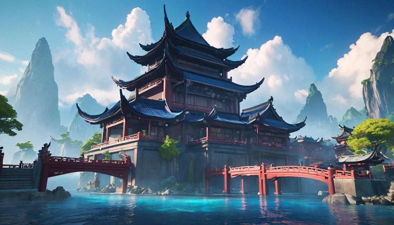 There is a Chinese-style building in the middle of a small island, Game concept art, Final Fantasy Vll World Concept, 2. 5D CGI anime fantasy artwork, Concept World Art, Beautiful concept art, dota matte concept art, Concept Art Wallpaper 4K, conceptartworld, Matte Mystery Dota Pixar, Fantasy concept art, League of Legends concept art ,Ultra-high resolution (Fidelity: 1.4), Ultra-high quality, Extremely detailed CG unity 8k wallpaper, aesthetics, Award-winning photography, True high detail, Detail improvements, Remove blur, complex, The art of travel. Visually stunning. Beautiful city pixels, Blue Hour Photography, Spectacular clouds, Fantasy Clouds.