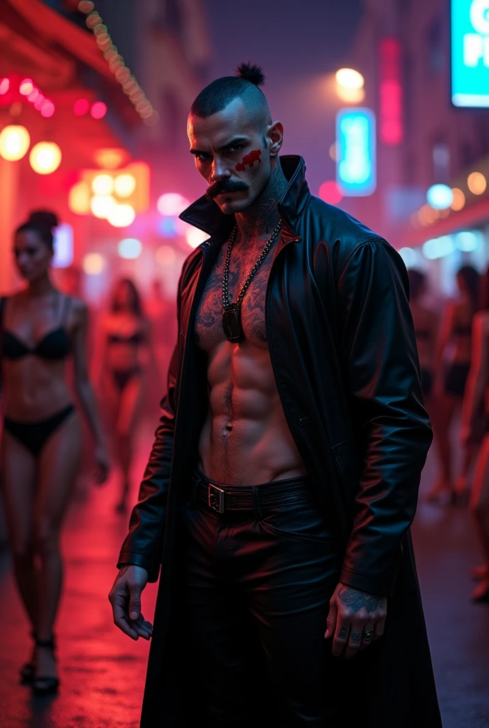 Tattooed male, man, shaved head, pointy mustache soul pach,(visinle, red glasgow smile scars) toll, slim fith, long leather coat, leather pants no shirt, black eye make up, summer night passing bi the club, lights make scars more visible, line of hot,girls waiting to get in