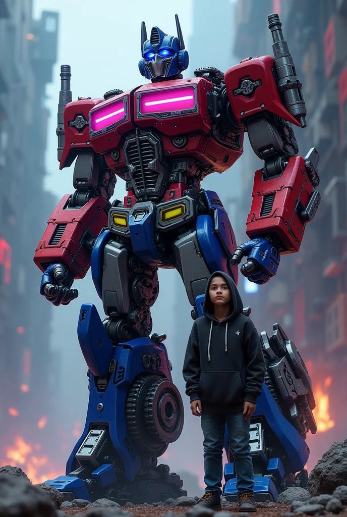 a highly detailed illustration of Optimus Prime, a heroic transformer robot, standing next to Ekkarit Masiha, a young boy, both in a futuristic sci-fi setting, Optimus Prime in his iconic robot mode, Ekkarit Masiha wearing a hoodie and jeans, cinematic lighting, dramatic camera angle, intricate mechanical details, metallic textures, neon accents, glowing energy effects, photorealistic, 8k, hyper detailed, masterpiece