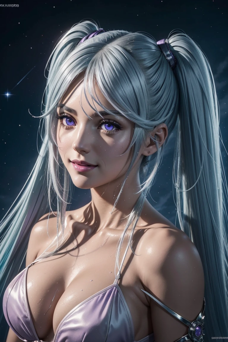 I want to be a powerful figure behind the scenes！,Epsilon,Silver blue hair,long hair,Twin tails,Aligned bangs,Beautiful purple eyes,Beautiful white skin,Photorealistic,Ultra HD,high quality,masterpiece,Digital SLR,Detailed details,Intricate details,Anatomical basis,Depicted in detail,A detailed face,Realistic skin texture,Vivid details,Perfect Anatomy,Perfect Anatomy,Anatomically correct hand,Anatomically correct fingers,Super Detail,Complex 3D rendering,Sexy pose,tail,Wet,Beautiful night sky,A beach with a beautiful starry sky,Fantasy worldview,Picturesque,Pink Lips,smile,