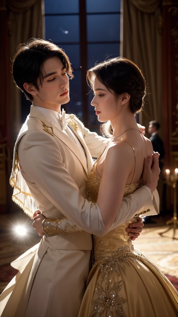 Close up of two gay princes dancing waltz embraced in an empty ballroom in the dark of night