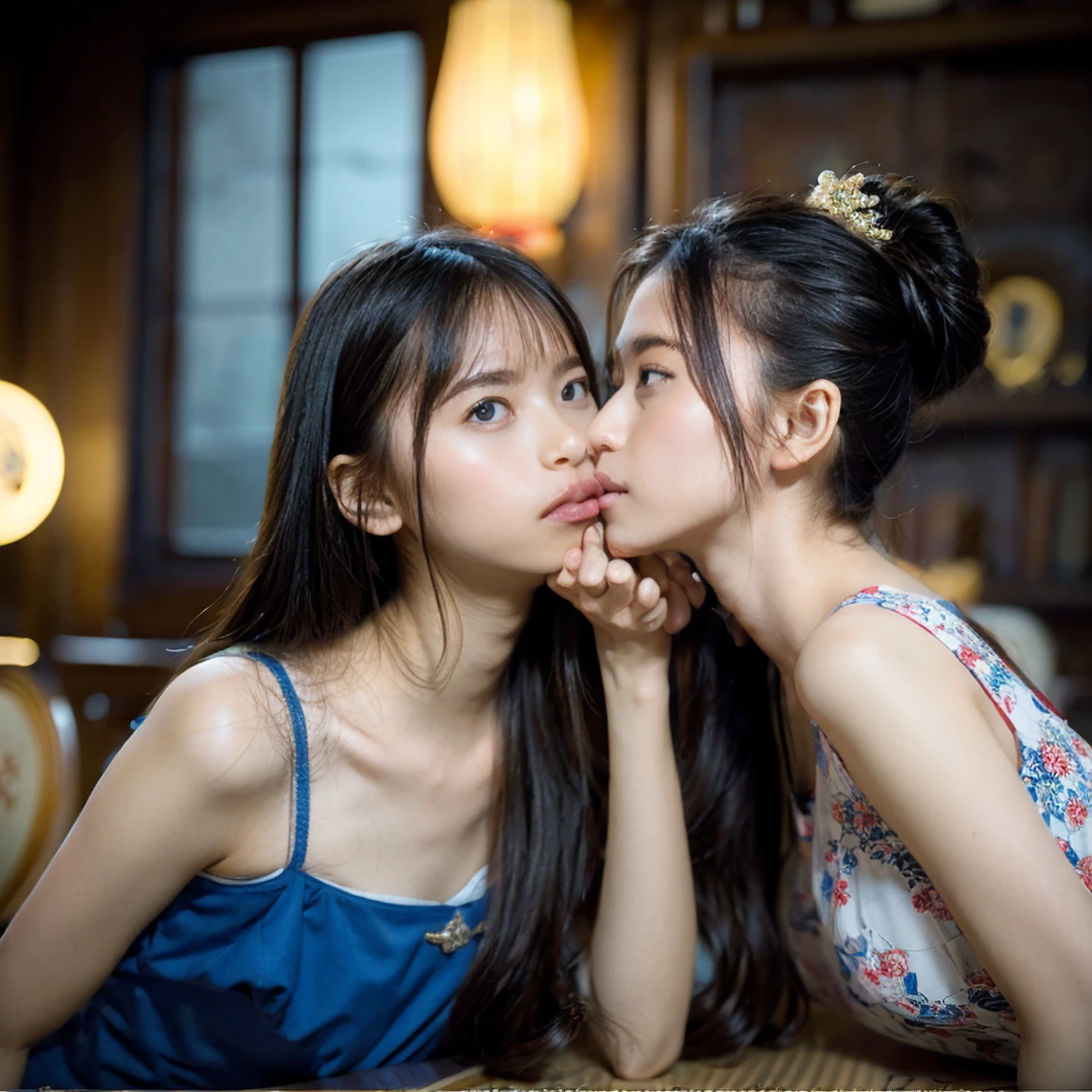 (Two Chinese stars of royal sister style,duo,caress,kiss), ((Highest quality, 8k, Tabletop: 1.3)), concentrated: 1.2, Perfect Body Beauty: 1.4 , (Interesting Expressions), (City of night: 1.3), Highly detailed face and skin texture, Beautiful Eyes, double eyelid, Skin whitening, (Air Van: 1.3), (Round your face: 1.5), (Thin strap top: 1.4),
