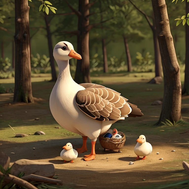 A goose was hatching eggs in the forest. In its nest, there were three eggs under the goose and one more. The goose used its beak to collect the eggs under the goose.