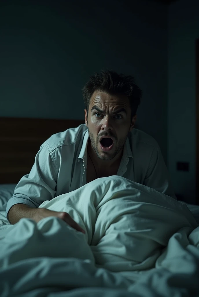 Man waking up scared in a bed alone