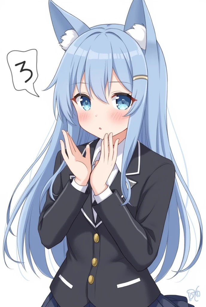 One girl, Animal ears, blue eyes, Long Hair, Blue Hair, Long sleeve, bangs, Cat ear, Focus Only, hair ornaments, Sleeves are longer than the wrist, blush, White Background, collared shirt, Simple Background, shirt, Staring at the audience, black jacket, One side up, Hair between the eyes, Slope, ;3, Slope background,Ecstatic expression,beautiful girl, Close your mouth, Heart symbol on background, High School Uniform, skirt,blazer