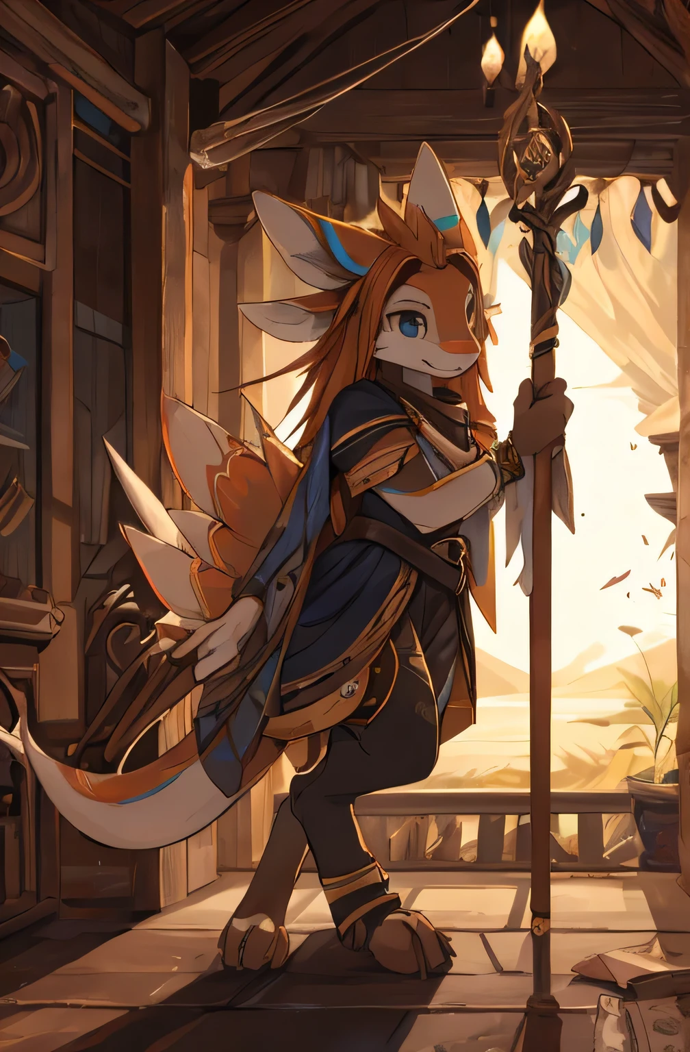 Avali,antro,solo,furry art,full body, orange and brown, clothes, long hair, girl, wholesome, cute, smiling, hot, epic, epic details, acessories, holding a staff