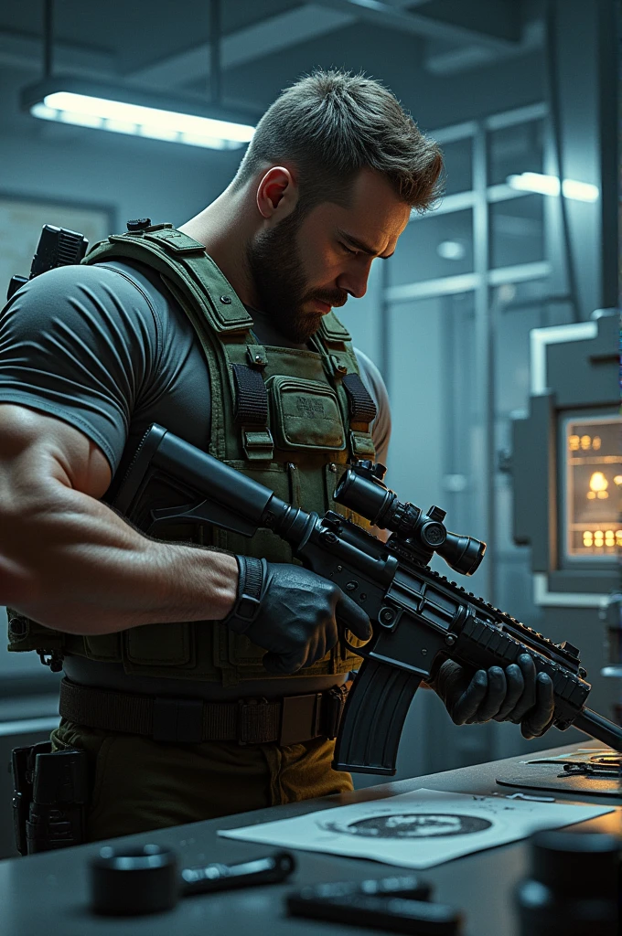 Un soldat fort qui fabrique une arme de gueur dans un laboratoire 