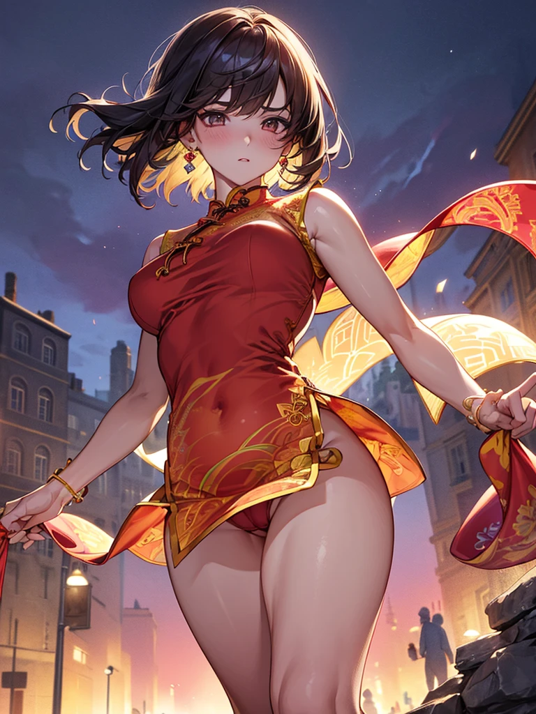 Positive Focus、top-quality、hight resolution、super precision、8K、(One woman)、(((extra detailed face)))、8 head body、
Colorful、Fine skin、Deep slit、off shoulders、
Beautie、Bright expression、Surprised、red blush、plump eyes、Eyes sparkle、
(((Luxury cheongsam)))、(((Colorful cheongsam)))、ample breasts、thighs thighs thighs thighs、gem stones、
(Photorealistic backgrounds)、(street corner)、(Crowds)、 Watching the viewer、
(Untying hair)、(((hair adornments)))、(Hide your fingertips)、(((Refers to 5 books)))、
(Composition looking up from a low position)、
,camel toe , Leotard, Show your underwear, Show your breasts, tits,