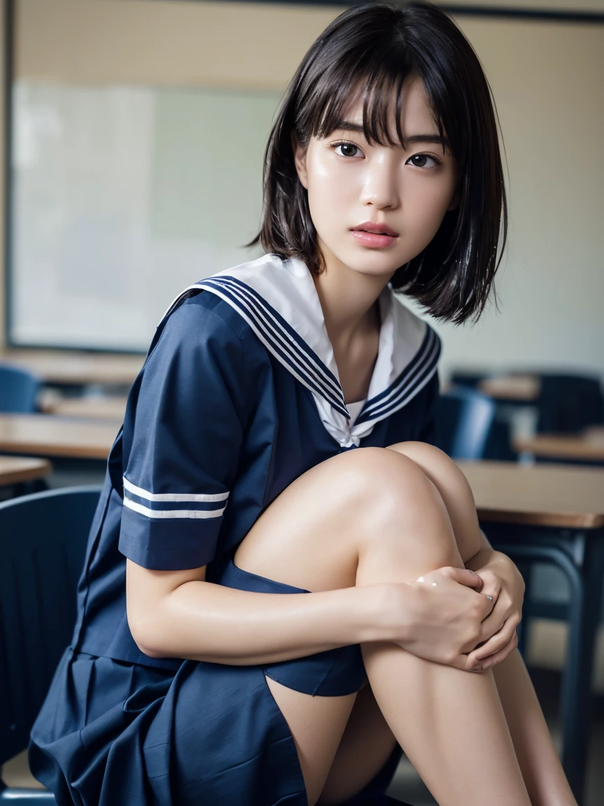 (masterpiece:1.2), Very detailed, Ultra-high resolution, (Realistic, photo Realistic:1.6), High-resolution RAW color photos, Professional photos, Sharp focus:1.2, (Very detailed顔と肌の質感, Very beautiful eyes, Glossのある肌, Glowing Skin, Glowing Skin, Shining Face, Gloss, Oily skin, greasy face, Oily skin, greasy face,),, (real Glossのある肌 texture), Perfect Anatomy, Very detailed背景,(High school classroom at night),1 female,25-year-old woman, Japanese women,height: 168cm,(short hair, Straight hair, bangs, Brown Hair),((Flat Chest:1.6)),(Slim, thin legs), ((((Short Sleeve White Sailor School Uni形状、Navy blue pleated skirt:1.5、A perfectly detailed bra covered by a sailor suit、Perfectly detailed T-panties under skirt))),(sit at a desk with your knees up:1.4)、(((Wet and sheer sailor suit:1.4)))