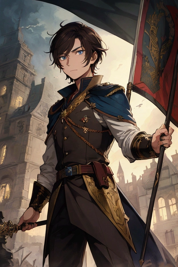 (Masterpiece), ((Highest Quality)),(Official Art),Dark cynicism:1.2),(1boy: 1.3), A 19 years old flagbearer man, long dark brown hair, blue eyes, clad in dark military uniform, holding a flag and a rapier. Detailed drawing. Detailed eyes. Masculine jaws. Detailed banners and flags. Soft fairytale picture Arthur Rackham style. Colorful, best detailed ((super detailed)), (highly detailed 2D bishonen illustration), ((dark and beautiful))
