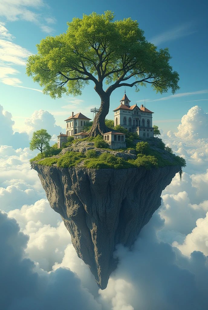 sky island with civilizations and a tree