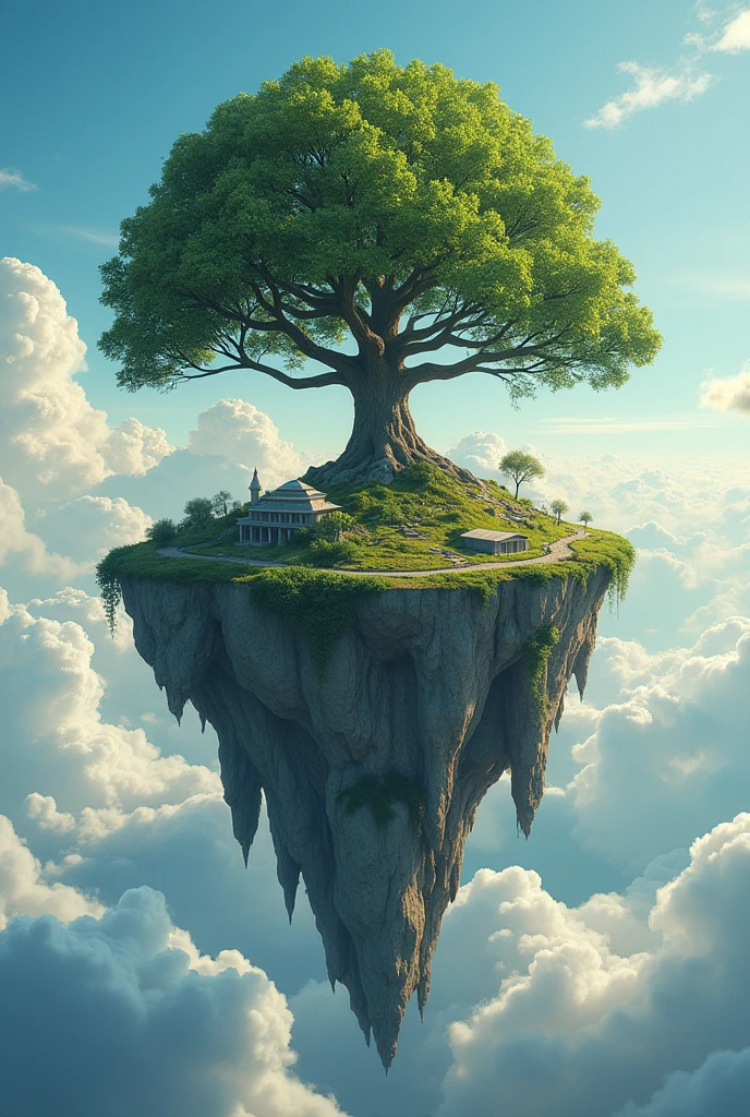 sky island with civilizations and a tree