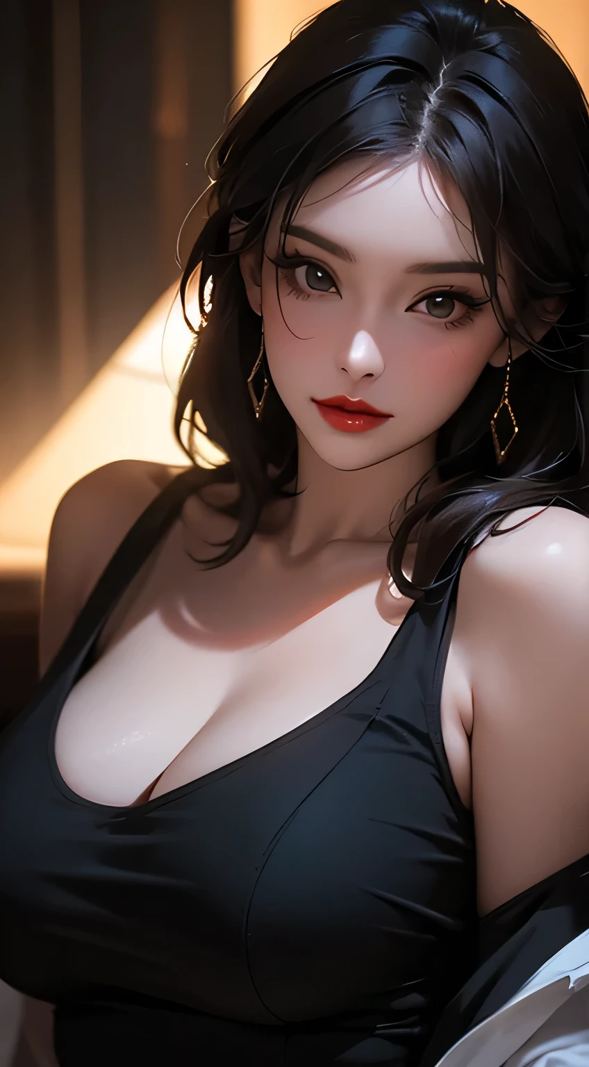 Amazing portrait of a woman who is 30 years old and an adult and a sexy woman wearing an off shoulder oversized t shirt during night time with soft lighting showcasing her red lips and her beautiful face in detail and close up 