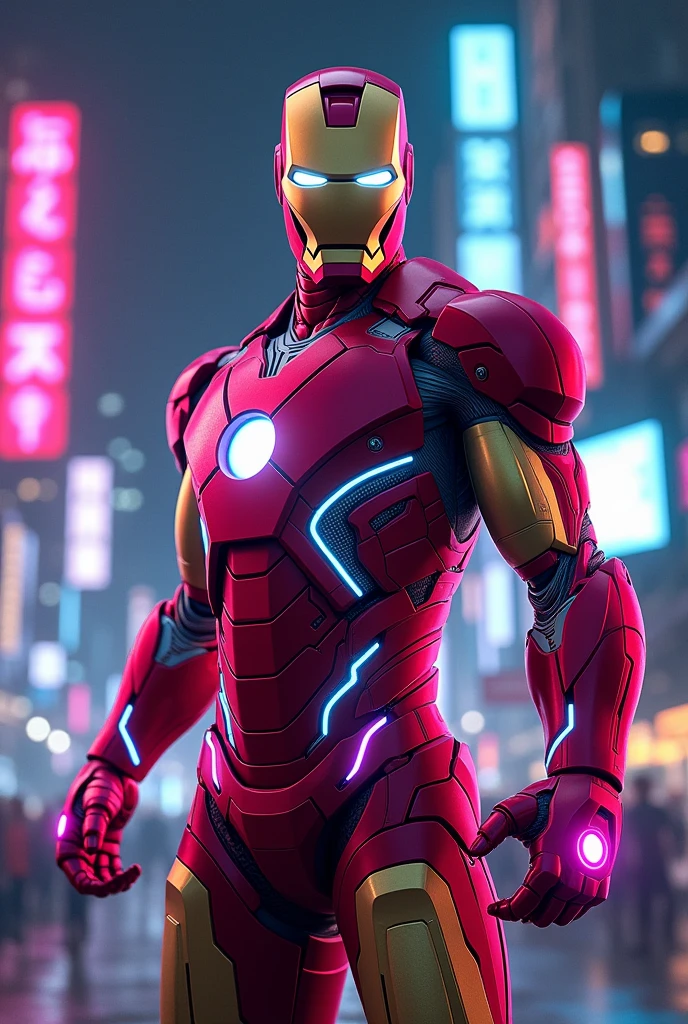 Create a futuristic and digital art style depiction of Iron Man in his iconic red and gold suit, enhanced with neon accents. The suit should have a sleek, high-tech design with glowing neon blue and purple lines running through the armor. The background should be a dark, cyberpunk cityscape, illuminated by vibrant neon signs and digital displays. Iron Man should be in a powerful stance, with energy beams and holographic interfaces surrounding him, giving off a sense of advanced technology and digital power. The overall vibe should be a blend of cyberpunk and futuristic heroism.