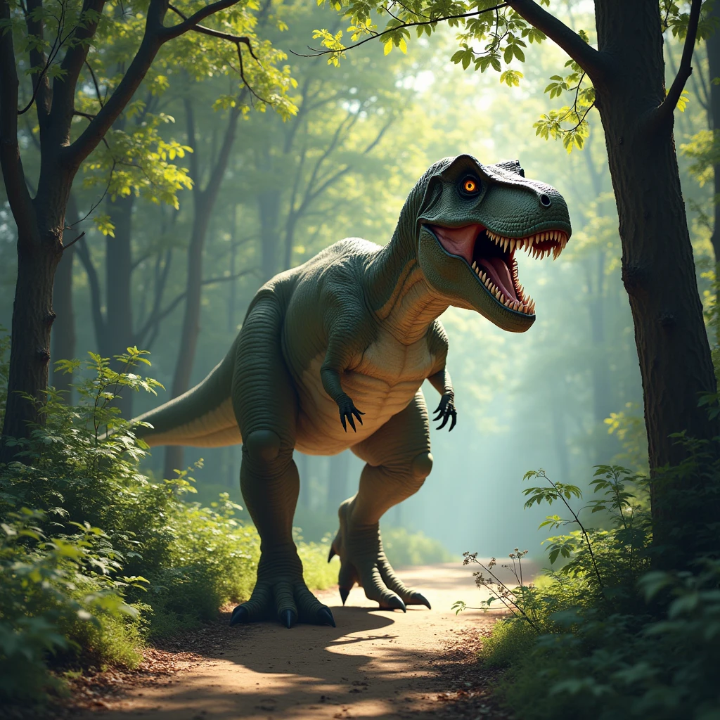 Tyrannosaurus Rex coming down from a branch、Walking along the forest path。