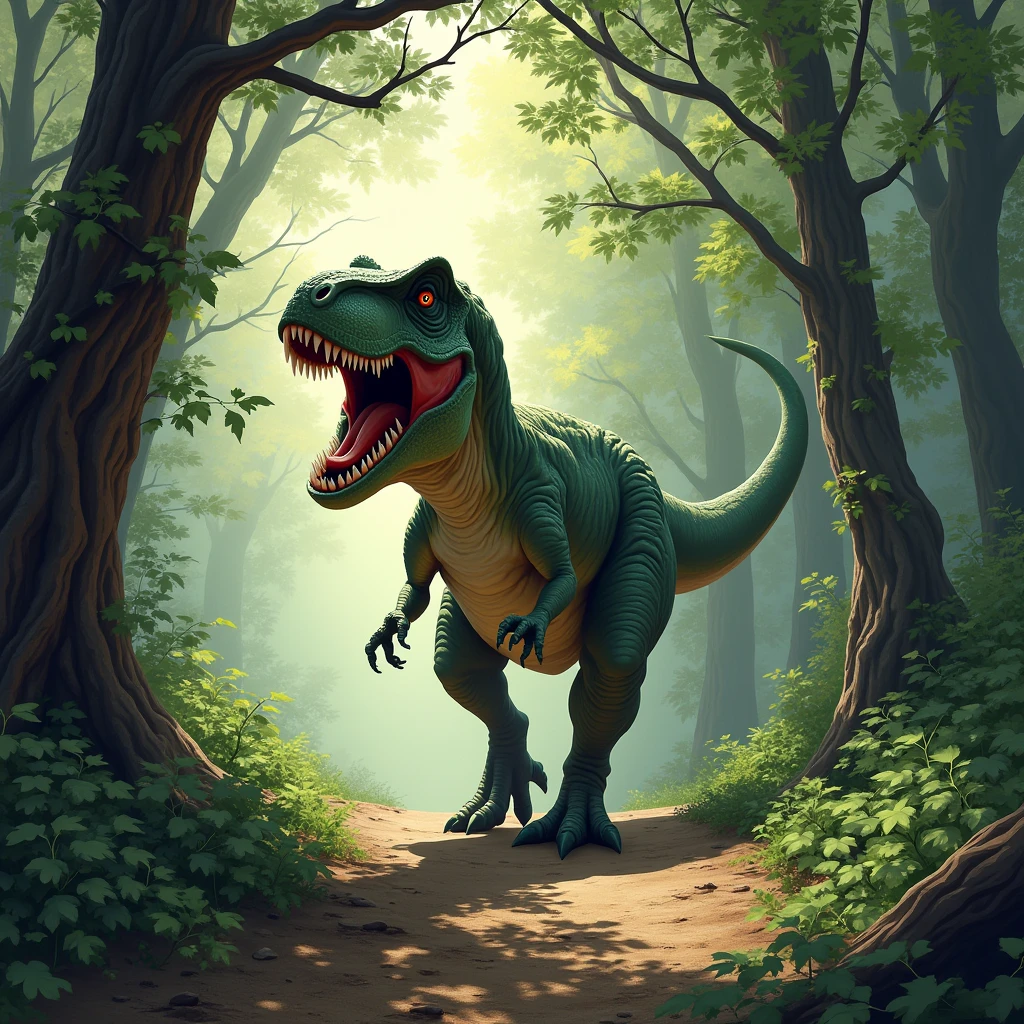 Tyrannosaurus Rex coming down from a branch、Walking along the forest path。