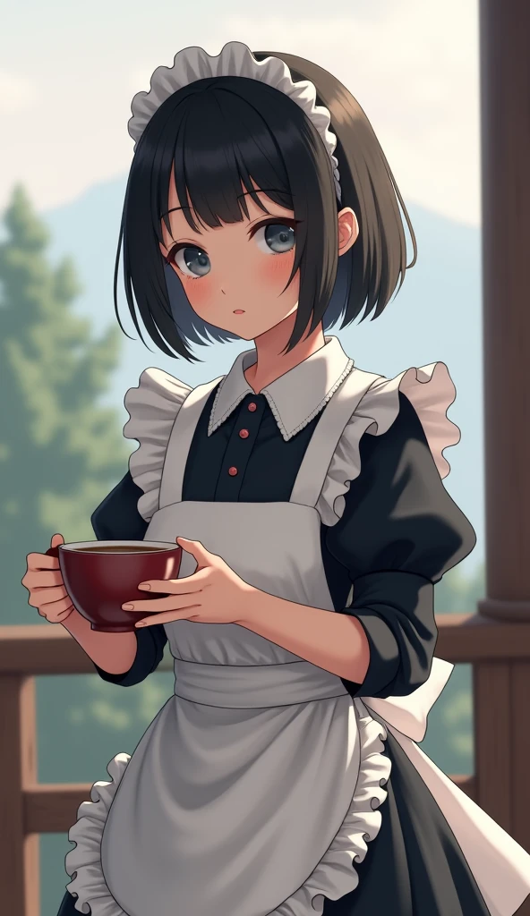 (8k, Photorealistic: 1.2, Raw photo: 1.2, Highest quality: 1.4),Japanese idol-style beautiful girl,model,1 person,18-year-old,(Short Bob),(Black Hair :1.1),She has her hair tucked behind her ears,Headband,Clear grey eyes,Long eyelashes,(piercings(small)),(Lip gloss),thin long neck,(Maid clothes(Frills,Puffy long skirt)),(layer),Western-style building terrace,Preparing tea,Full body portrait