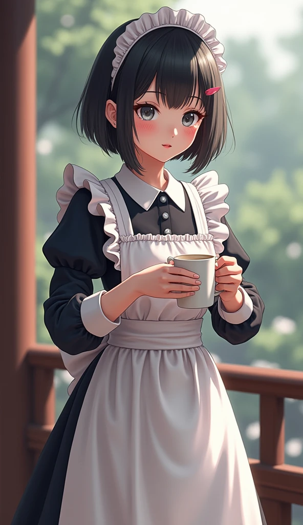(8k, Photorealistic: 1.2, Raw photo: 1.2, Highest quality: 1.4),Japanese idol-style beautiful girl,model,1 person,18-year-old,(Short Bob),(Black Hair :1.1),She has her hair tucked behind her ears,Headband,Clear grey eyes,Long eyelashes,(piercings(small)),(Lip gloss),thin long neck,(Maid clothes(Frills,Puffy long skirt)),(layer),Western-style building terrace,Preparing tea,Full body portrait