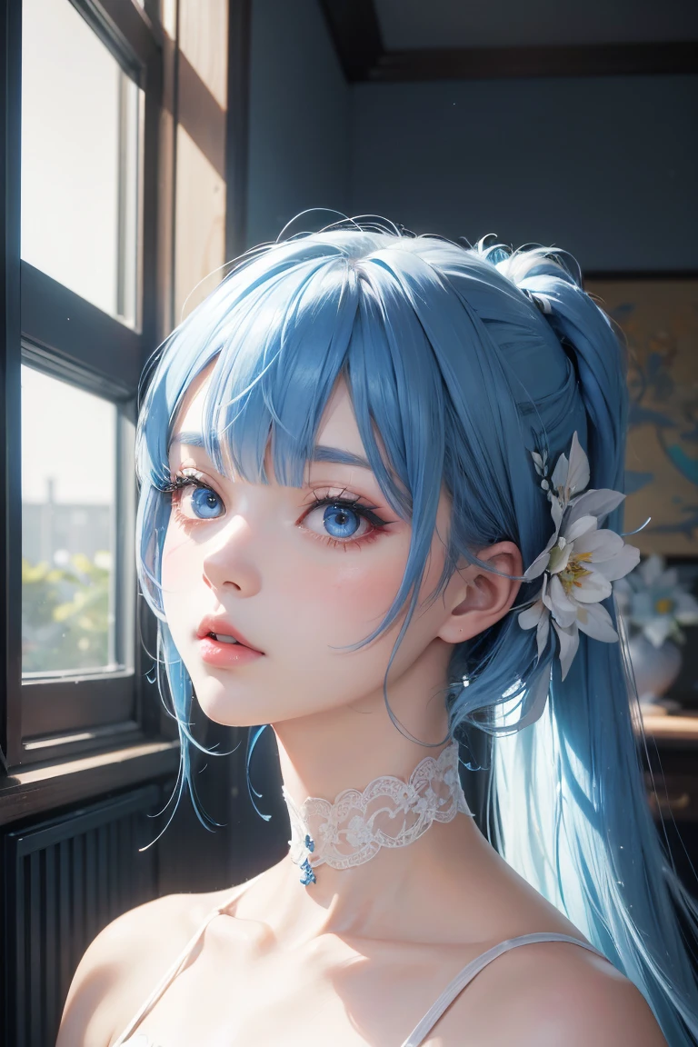 (realism: 1.4), (Representative works, Side light, Delicate and beautiful eyes: 1.2), Representative works * Portraiture, Real, 3D Face, Genshin Impact, 1 girl, Ahoge, bangs,  (Blue Hair), Powder Blusher, Long Hair, Looking at the audience, Neck bell, indoor、Inside the room、Putting on makeup、Applying lipstick、White dress