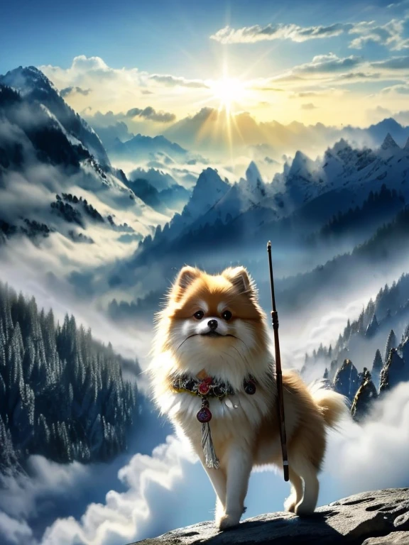 The Savior-like Pomeranian, Stand on two legs, Holding a walking stick, Watching over with kind eyes, In the fantastic foggy mountains, The mysterious morning sun shines through the mist 