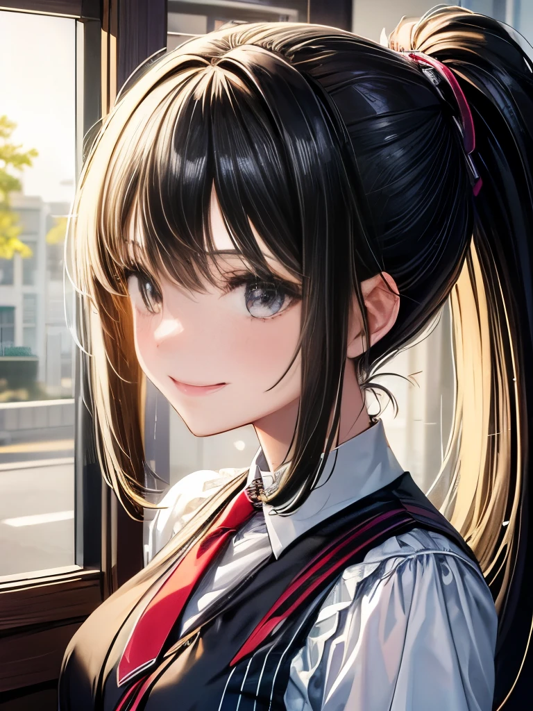 girl, Black Hair, sister, Tie your hair into a ponytail、Smile at the speaker, High-quality images, masterpiece, beautiful girl, Cafe,