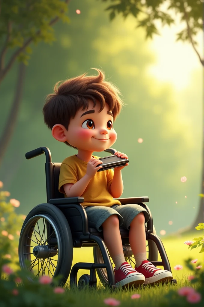 Boy sitting on Wheelchair play harmonica 