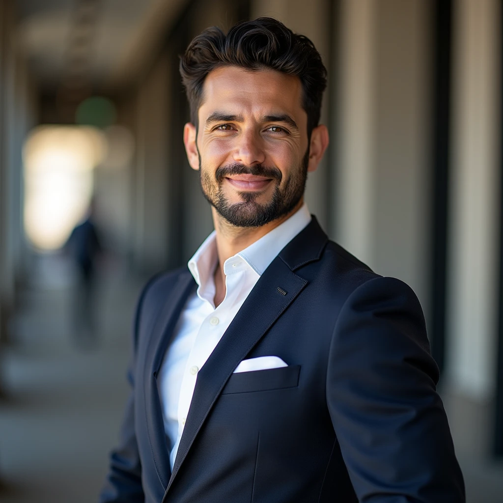 Imagine a perfect man to act as a financial consultant. His name is Thiago Pereira. He is 35-40 years old, 1.85 meters tall, and has a good physical build, reflecting a healthy and active lifestyle. He dresses elegantly and sophisticatedly, combining suits for meetings and high-quality casual clothes for daily interactions. His appearance conveys confidence and professionalism.Thiago is confident, empathetic, and persistent, facing challenges with a positive mindset. He excels in communication, being clear and persuasive in explaining complex financial concepts in a simple and engaging manner.With a solid background in finance, economics, or related fields, and relevant certifications, Thiago has deep knowledge of finance, investments, and business strategies. He is skilled in using digital tools and online platforms, such as social media, blogs, and videos.Professionally, he is proactive, organized, and effective in creating relevant and timely content, maintaining a well-curated online presence. His social media and LinkedIn profiles are up-to-date, and he maintains a personal website with useful resources. He regularly shares financial tips, market analyses, and investment strategies.Thiago is driven by the mission of helping his clients achieve financial stability and growth, promoting financial independence and long-term success. He operates with integrity, upholding high ethical standards and transparency in his financial practices, and believes in financial education as a powerful tool for empowering individuals and businesses.