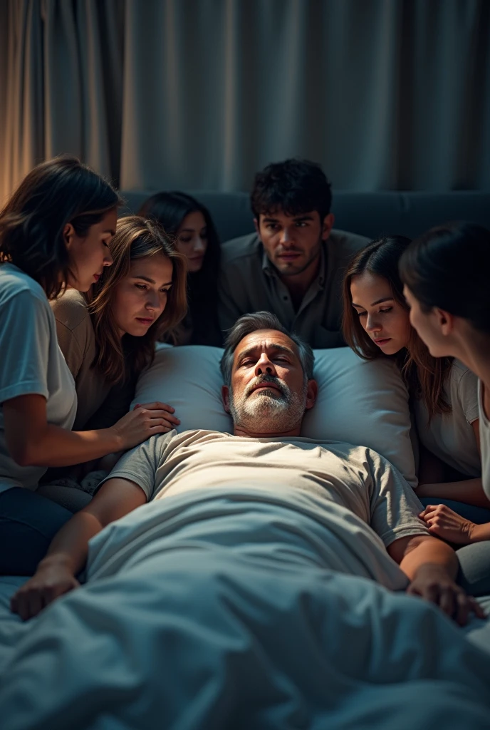 Man lying in bed with several people around him