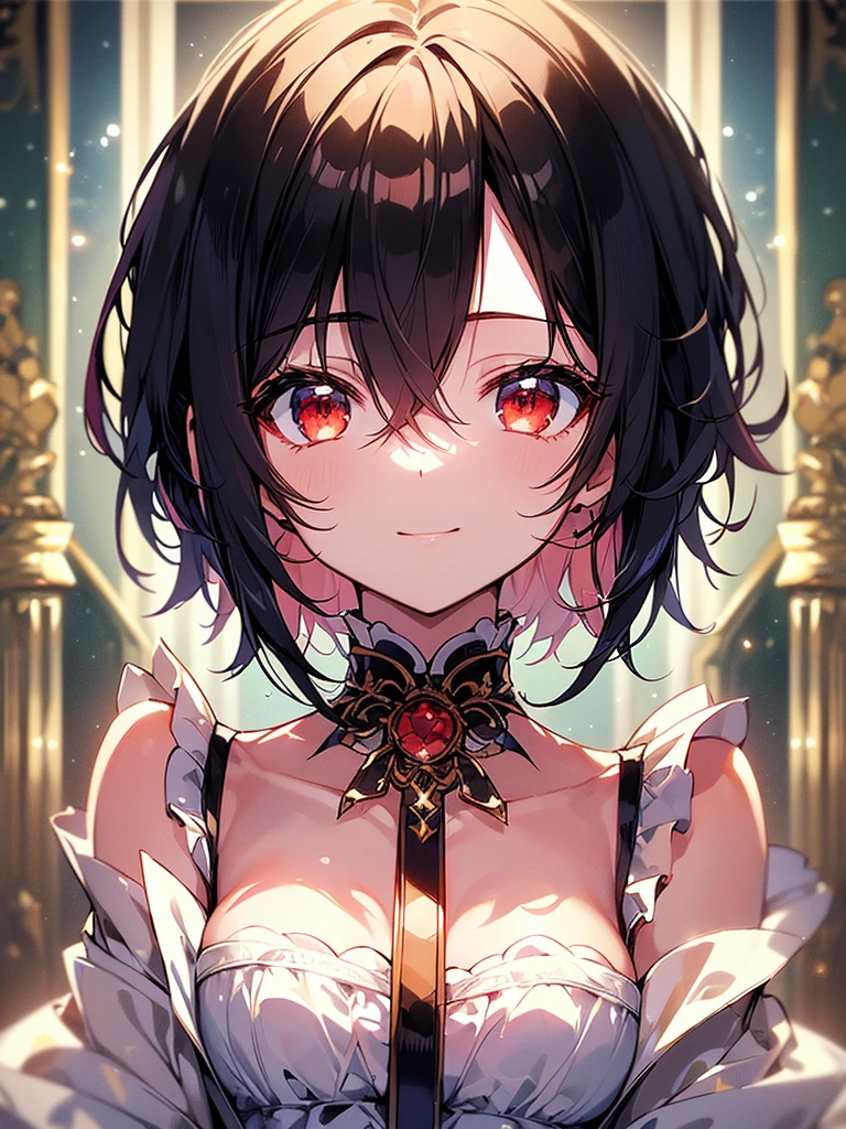 (masterpiece, highest quality, highest quality, (No text), Beautiful and aesthetic:1.2),No text,アニメ、BREAK,One Girl，Black Hair Girl　short hair　boyish　choker　Beautiful eyes　Red eyes　cool　smile　Black and Red　whole body　In town
