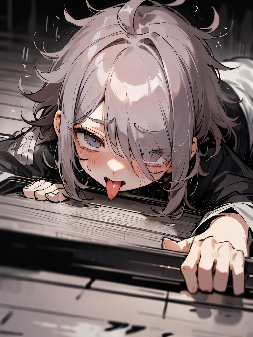 (hair over one eye)、messy hair、(())、(rolling eyes, tongue:1.3),tear:0.5、Blushing、sweat、saliva、face forces 、Thick eyes、Cute eyes、Unfocused、Constraints
